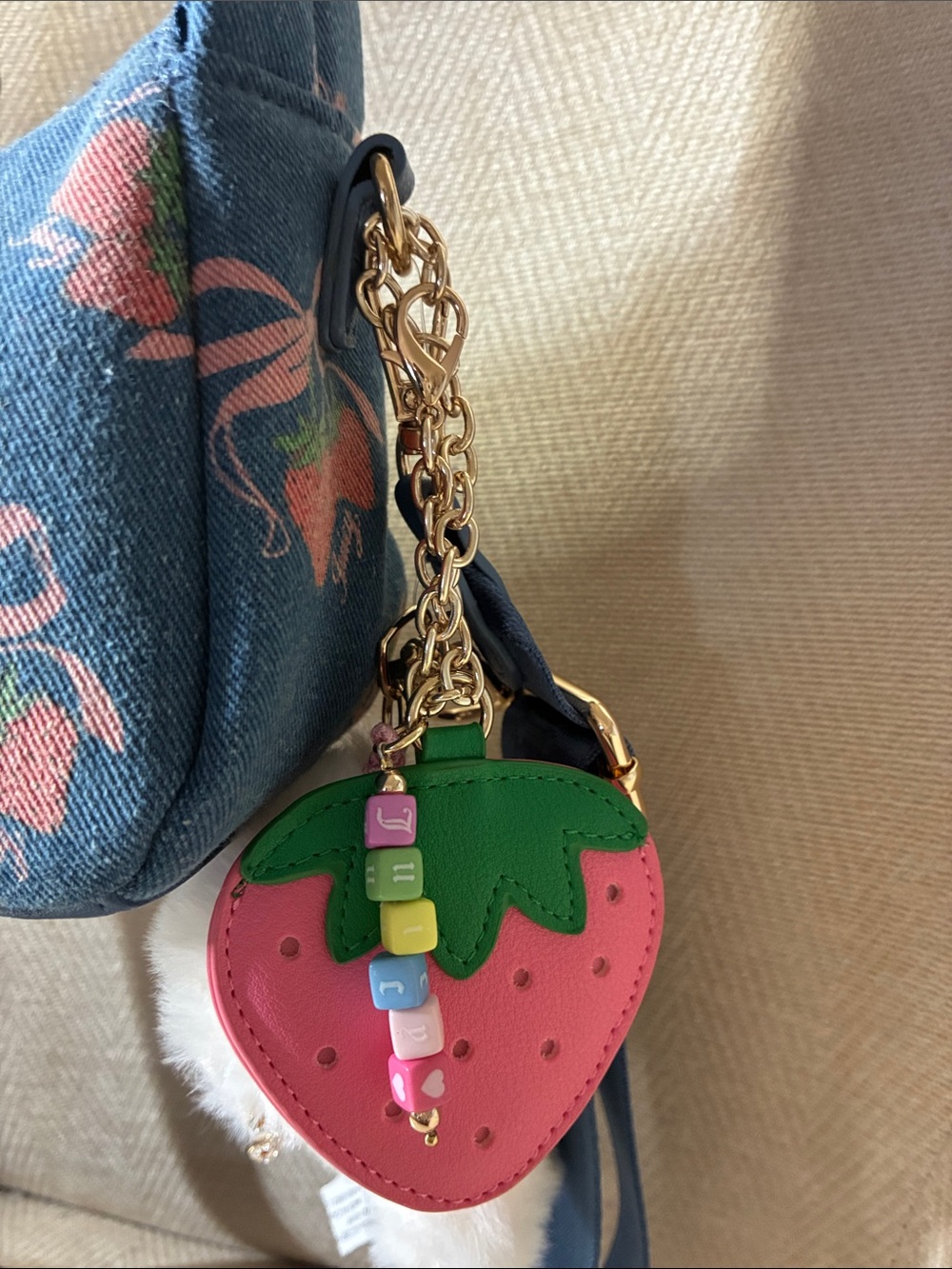 Juicy Couture Blue Denim Floral Bow Shoulder Bag with Strawberry Charm - Picture 4 of 12